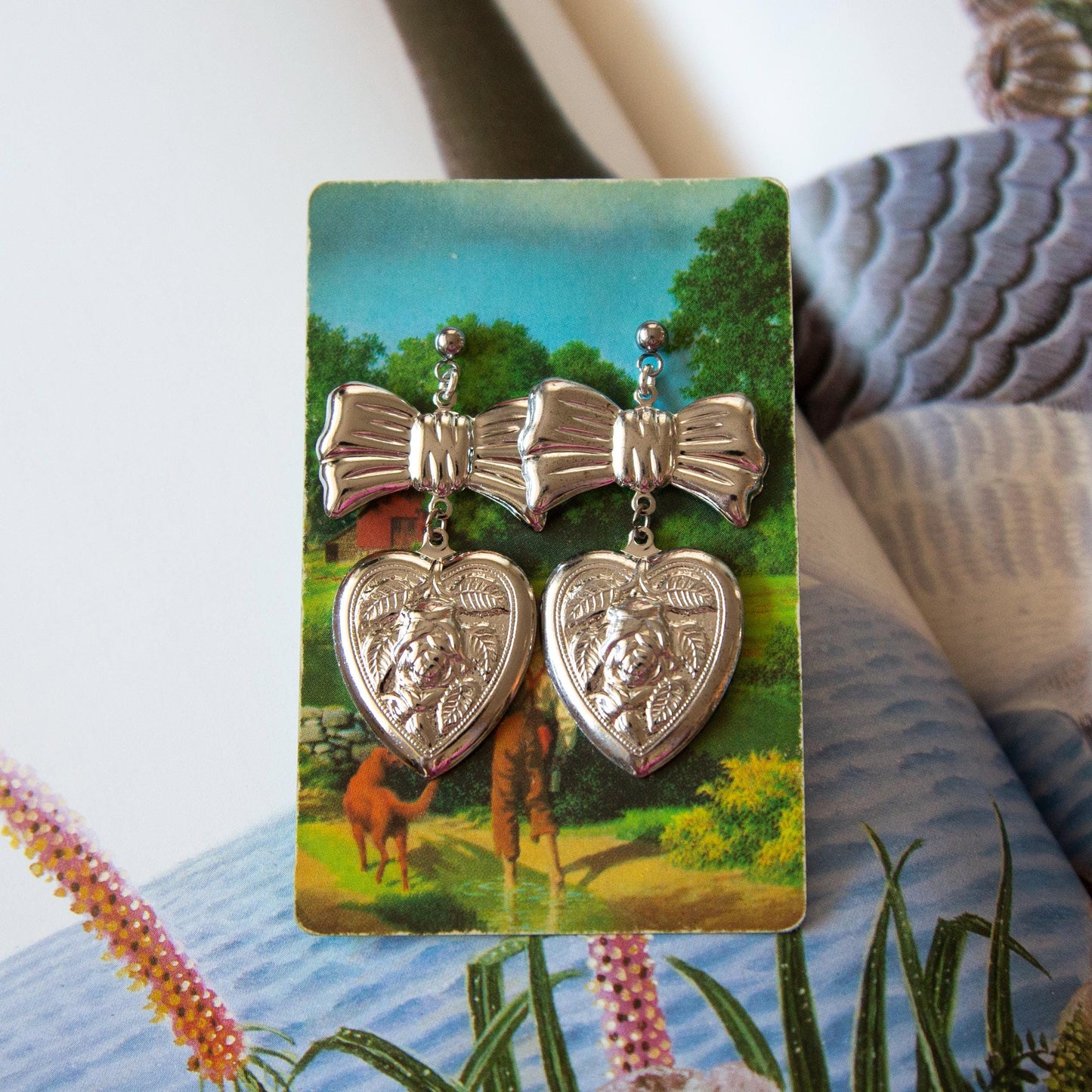 Vintage Bow & Heart Drop Earrings