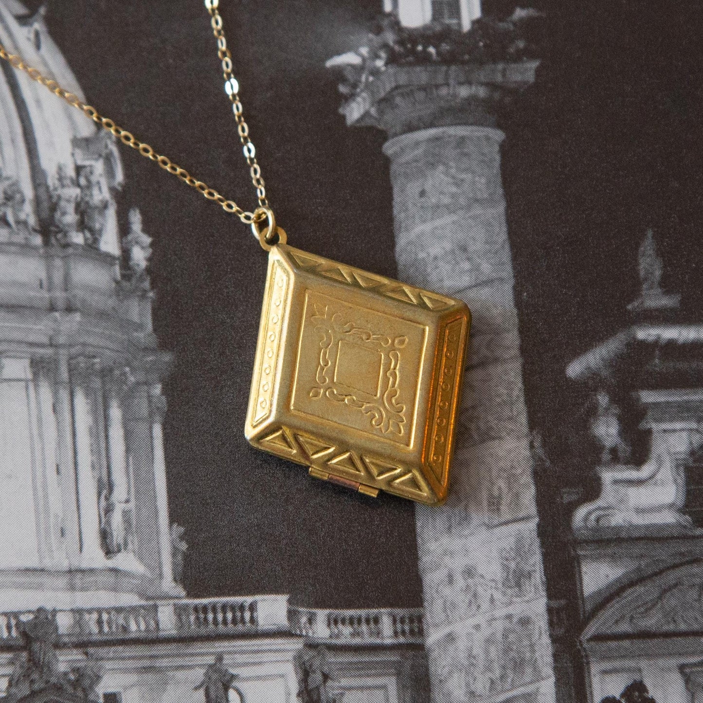 Vintage Brass Diamond Locket Necklace