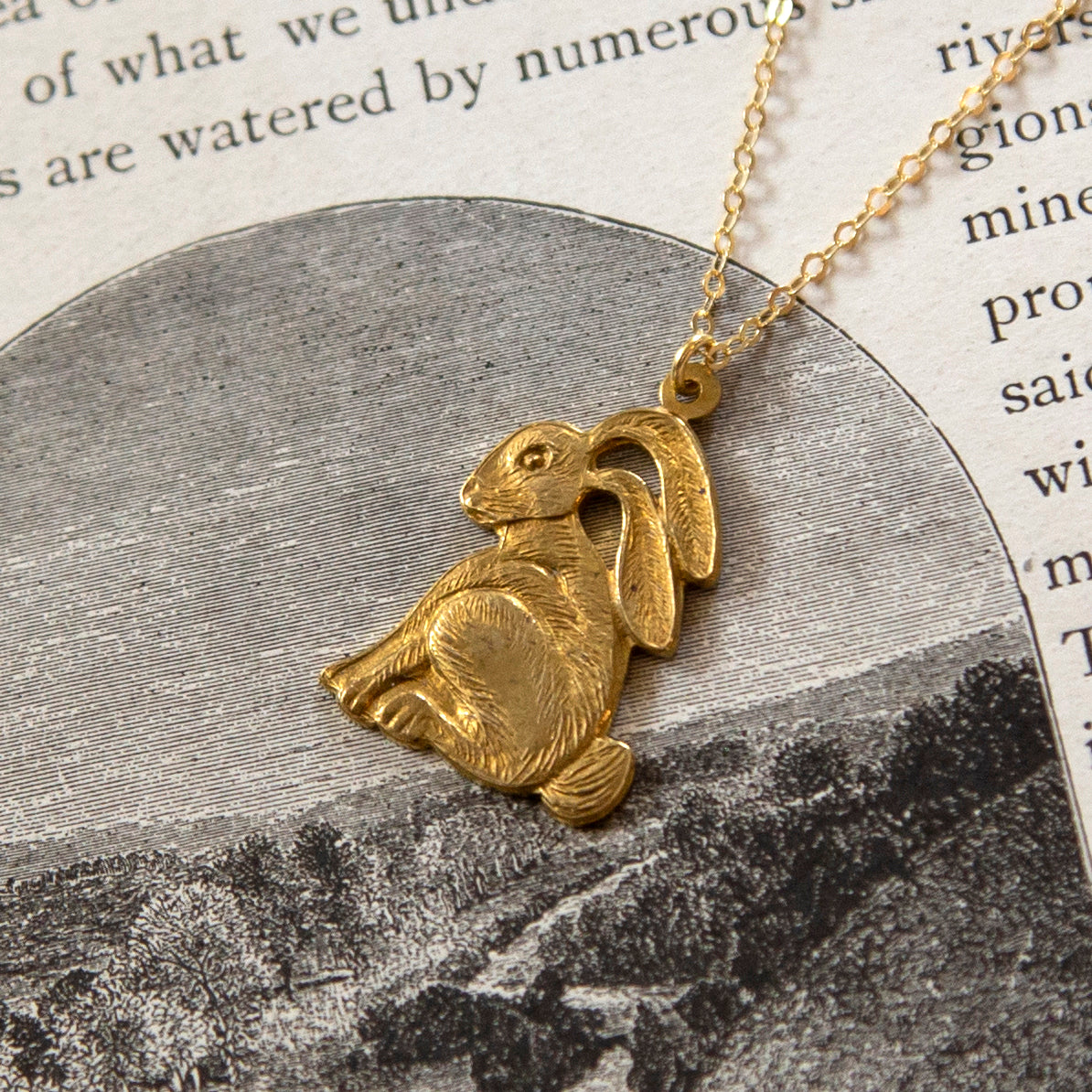 Vintage Rabbit Charm Necklace - Brass & Gold