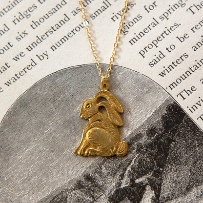 Vintage Rabbit Charm Necklace - Brass & Gold