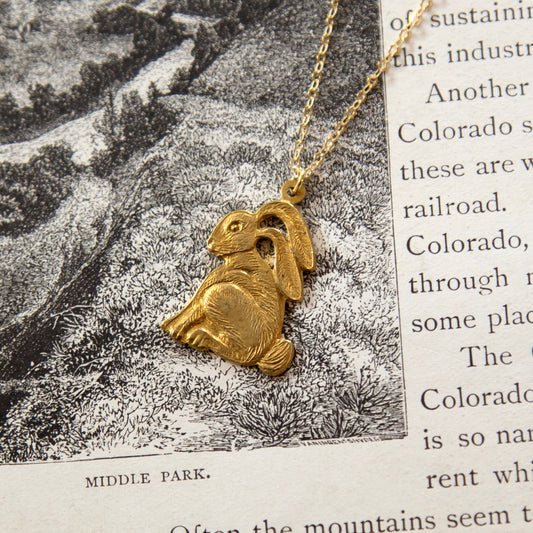 Vintage Rabbit Charm Necklace - Brass & Gold