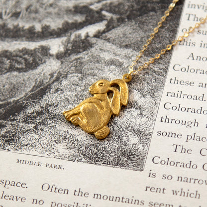 Vintage Rabbit Charm Necklace - Brass & Gold