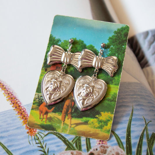 Vintage Bow & Heart Drop Earrings