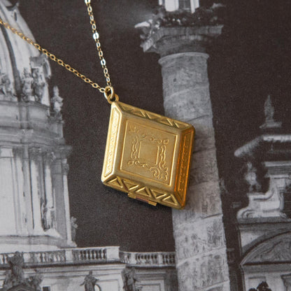 Vintage Brass Diamond Locket Necklace