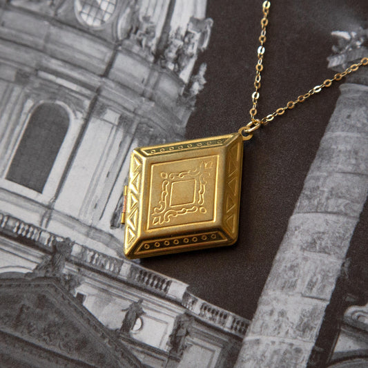 Vintage Brass Diamond Locket Necklace